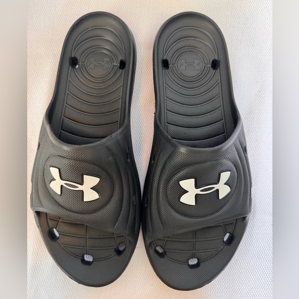 Under Armour Black Slides with White Logo Accents